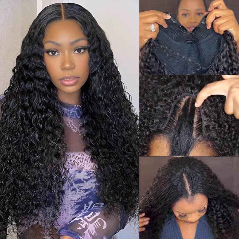 V Part Human Hair Wig Water Wave Thin Part Glueless Clip In Half Wigs 180 Density Curly V Shape Clip in Half Wig Beginner Friendly Water Curly Brazilian Virgin Human Hair Wigs 24 Inch